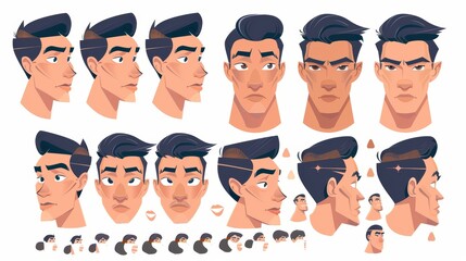 Construction of an Asian man's face, avatar creation with head parts on a white background. Modern cartoon set of male character eyes, noses, hairstyles, brows and lips. Skin pack.