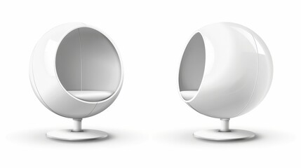 Modern white ball chair, stylish designer furniture for a modern house or office in front and angle view. Modern realistic mockup of an empty egg chair isolated on white.