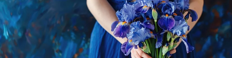 Tuinposter A woman hands gracefully holding a bouquet of striking purple irises © dashtik