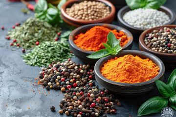 Spices and herbs on dark background