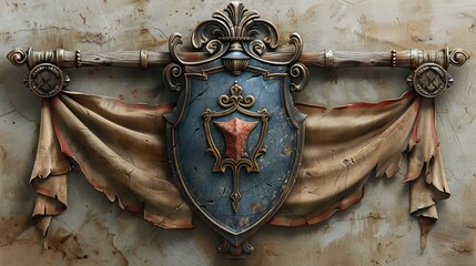 The shield crest is illustrated on an ancient scroll banner decoration