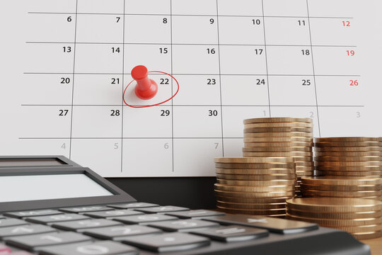 Monthly calendar with a day circled in red and pinned, together with with a calculator and stacks of gold coins on a desk. Illustration of payment date for dividends, salary and product launch