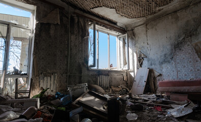 destroyed and burned houses in the city in Ukraine