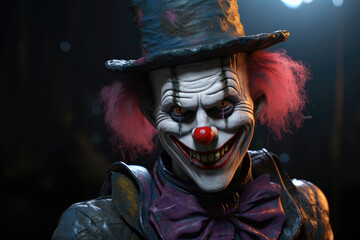 Grinning clown with haunting eyes and a tattered top hat exudes a creepy carnival vibe against a dark backdrop.