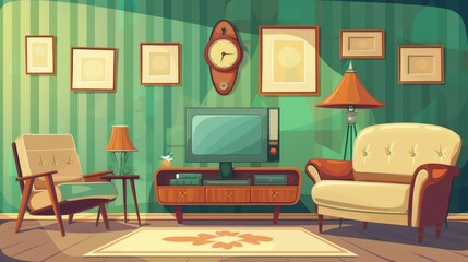 An old-fashioned living room with a couch, armchair, clock, tv, and carpet on a green wall. Modern cartoon illustration of a retro lounge with a television screen, carpet, lamp, and picture frames.