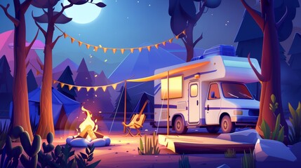 Campfire at night with car, tent, log, cauldron, and guitar at campfire. Summertime vacation, camping, traveling, trip, hiking activities. Cartoon modern illustration. - obrazy, fototapety, plakaty