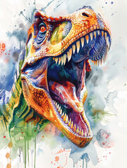 This vibrant and colorful illustration of a roaring dinosaur, t-rex