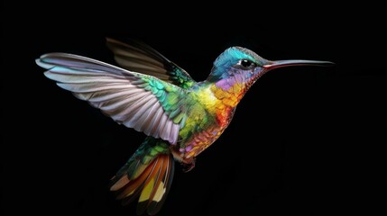 Fototapeta premium Iridescent hummingbird in mid flight - isolated on black background - vibrant colors with delicate features - wings frozen in motion