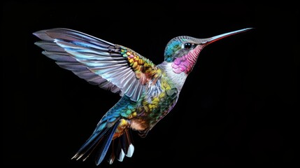 Obraz premium Iridescent hummingbird in mid flight - isolated on black background - vibrant colors with delicate features - wings frozen in motion