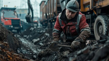 coal miner working industrial site, coal miner working industrial site with heavy machinery, Worker in action on the road with children, enjoying the outdoors in the autumn/winter season