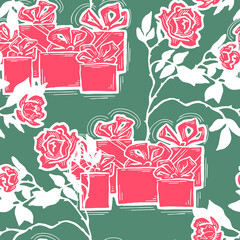 Gift box, ribbon and flowers seamless pattern for wrapping present with bow, party celebration, sale promotion, Textile print, fabric design, banner background. Hand drawn illustration cartoon style.
