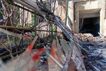 destroyed and burned houses in the city in Ukraine