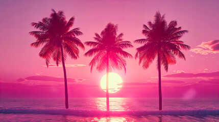 Tropical Island Paradise at Sunset, with Silhouetted Palm Trees Offering a Peaceful Retreat from the Everyday