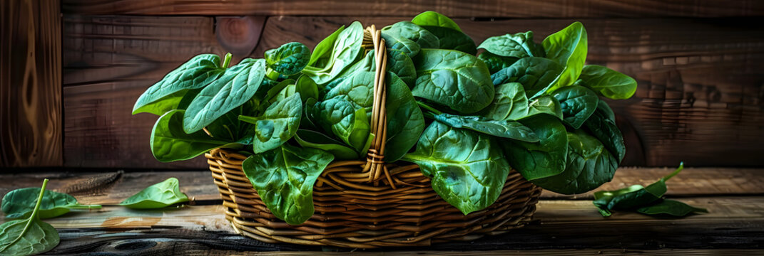 A basket filled with spinach leaves, a leaf vegetable, sits on a wooden table. Spinach is a popular ingredient in many dishes across cuisines