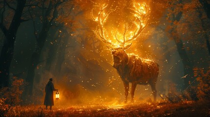 Illustration painting of a man with a magic lantern facing a giant deer in a mysterious valley, in digital art style