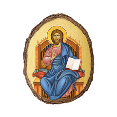 Christian vintage illustration of Jesus lord sitting on the throne. Golden religious image in Byzantine style on white background