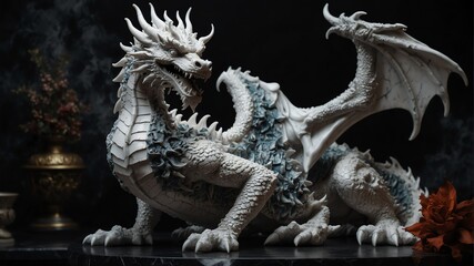 Obraz premium white marble dragon statue on plain black background from Generative AI