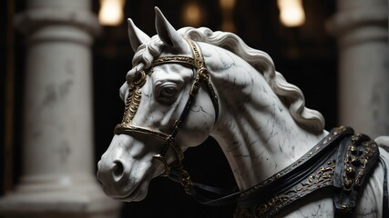 white marble horse statue on plain black background from Generative AI - obrazy, fototapety, plakaty