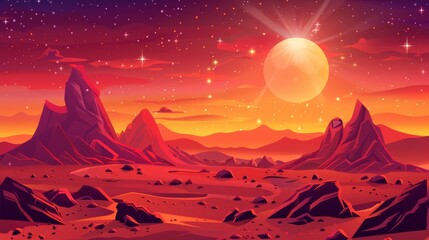 This alien planet landscape is a dusk or dawn desert surface with mountains, rocks, and the sun shining on a red and orange starry sky. It is a cartoon illustration that takes place in