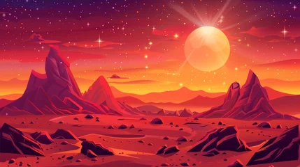  This alien planet landscape is a dusk or dawn desert surface with mountains, rocks, and the sun shining on a red and orange starry sky. It is a cartoon illustration that takes place in © Mark