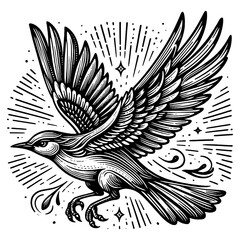 bird in flight tattoo, surrounded by decorative elements, freedom and grace sketch engraving generative ai fictional character PNG illustration. Scratch board imitation. Black and white image.
