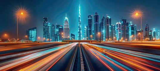 Fototapeta na wymiar Urban highway with city lights at night, in the style of light teal and light red, photo-realistic landscapes, rollerwave, captivating cityscapes, photo-realistic hyperbole, blurred landscapes