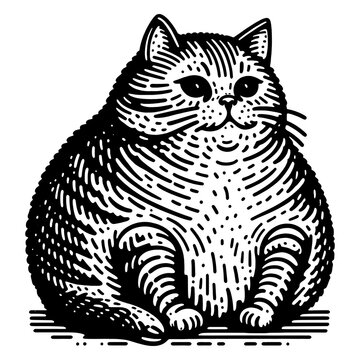 chubby fat domestic cat sitting sketch engraving generative ai fictional character PNG illustration. Scratch board imitation. Black and white image.