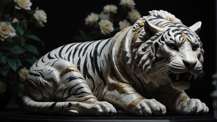 white marble tiger statue on plain black background from Generative AI - obrazy, fototapety, plakaty