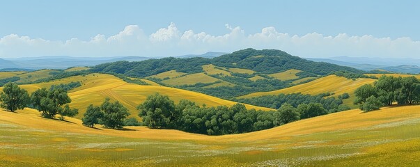 Beautiful spring and summer natural landscape with blooming field of daisies in the grass in the hilly countryside. created by ai