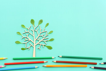 Top view image of pencil and tree concept. idea of education, creativity, and growth - 781306234