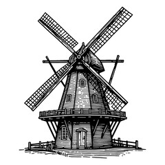 traditional windmill in a pastoral setting, depicted in an engraved style. Sketch engraving generative ai PNG illustration. Scratch board imitation. Black and white image.
