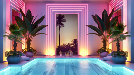 Tropical Resort at Sunset, Where the Calm Pool Reflects the Fading Sky, Inviting Moments of Serenity and Reflection - obrazy, fototapety, plakaty