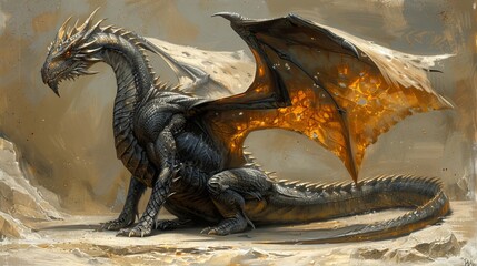 An illustration of a fierce black winged dragon from a fantasy story. - obrazy, fototapety, plakaty