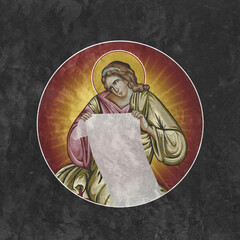 Christian traditional image of the Angel. Religious round medallion on black stone wall background in Byzantine style