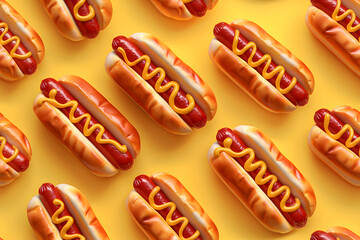 Finger food cuisine event featuring hot dogs with mustard on a yellow background