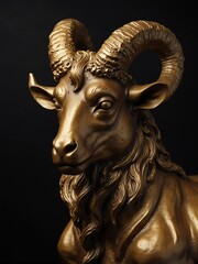 gold capricorn zodiac statue on plain black background close-up portrait from Generative AI