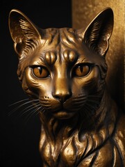 gold cat statue on plain black background close-up portrait from Generative AI