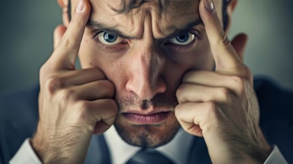 Close-up of a stressed man squeezing his forehead with fingers, showing signs of frustration and headache, with a focused, intense expression. - obrazy, fototapety, plakaty