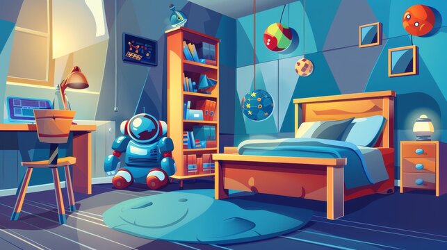 An interior of a boys bedroom with bed, bookshelf, cupboard, chair and toy box. Modern cartoon illustration of a kids room on the wall with nightstand, books, ball, rocket and robot.