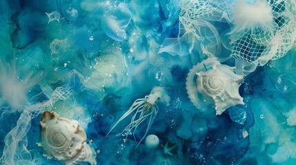 Abstract Marine Life Artwork: Sea Creatures and Oceanic Tones.