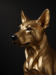 gold dog statue on plain black background close-up portrait from Generative AI