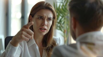 A professional woman in a white blouse expressing a serious concern or objection during a business meeting, pointing finger. - obrazy, fototapety, plakaty
