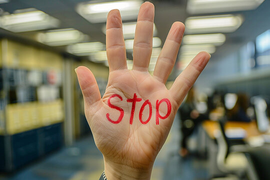 Harassment at work, woman sad angry terrified scared afraid, man, stop no, pressure unhappy male abuse touch hand, flirting bullying uncomfortable job.