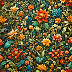 Hintergrund und Vorlage floraler Muster gleichmäßiger Struktur aus Blättern und Blüten glänzend wie buntes Bleiglas Glas mit Gold Einfasung 3D Ornament zur Gestaltung frischer Frühling Sommer Grüße © www.barfuss-junge.de