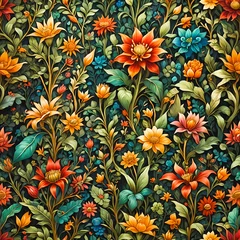 Hintergrund und Vorlage floraler Muster gleichmäßiger Struktur aus Blättern und Blüten glänzend wie buntes Bleiglas Glas mit Gold Einfasung 3D Ornament zur Gestaltung frischer Frühling Sommer Grüße © www.barfuss-junge.de