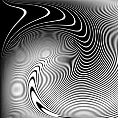 Vortex Whirl Movement Design. Wavy Lines Halftone Op Art Pattern. 3D Illusion. Abstract Textured Black and White Background.  - 781307471