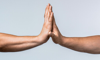 Two hands gestures. Giving high five. Two hands, male and man. High five gesture of man and girl, successful cooperation. Two hands giving high five to each other