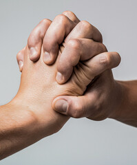 Male and female hand united in handshake. That could mean help, guardianship, protection. Male hand united in handshake. Man help hands, guardianship, protection. Friendly handshake, friends greeting