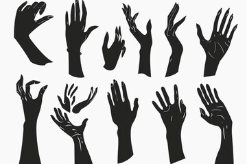 Set of various black silhouette woman hands.