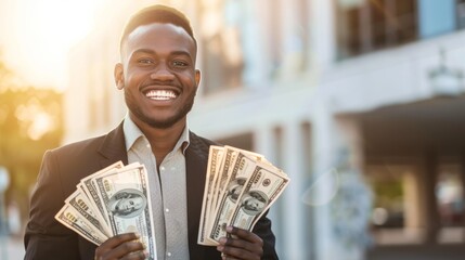 Cheerful young man holding multiple dollar bills, displaying a broad smile in an urban outdoor setting, showing financial success. - obrazy, fototapety, plakaty